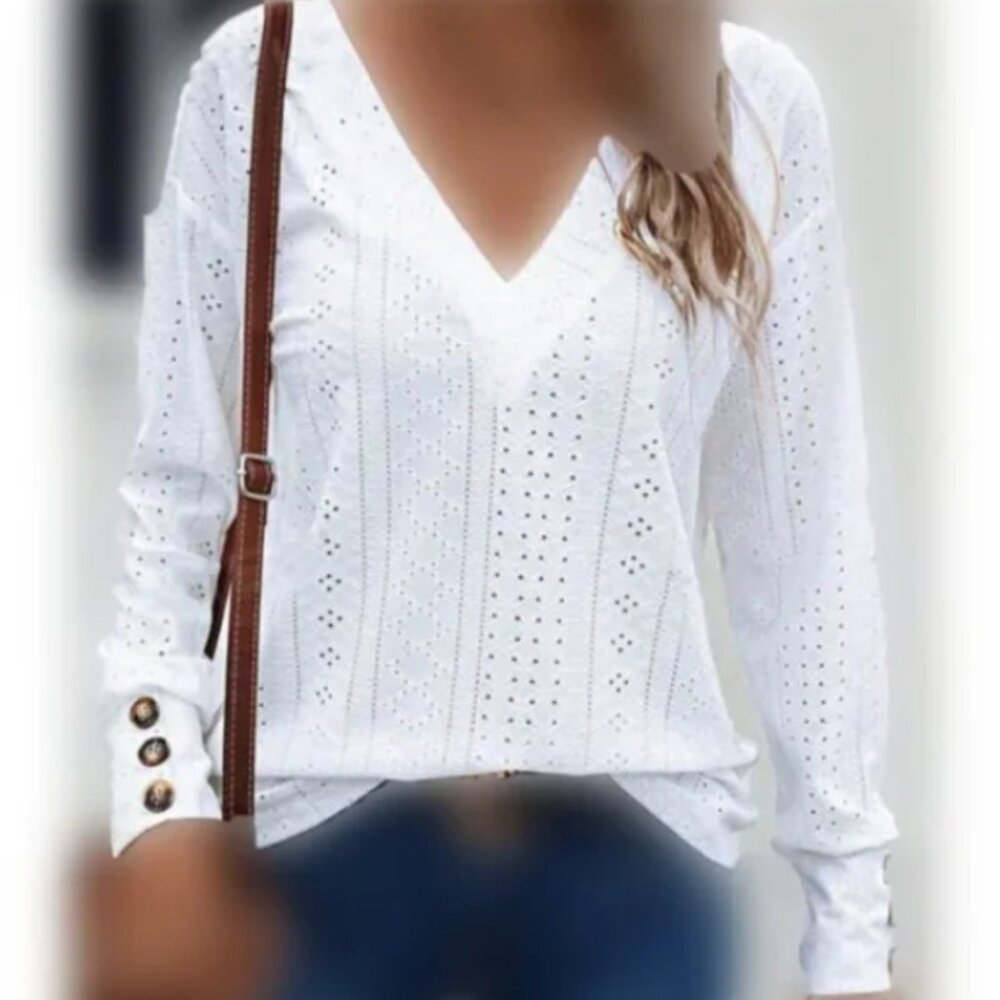 SHEIN LUNE Eyelet Embroidery Drop Shoulder Tee in White Size M NWOT